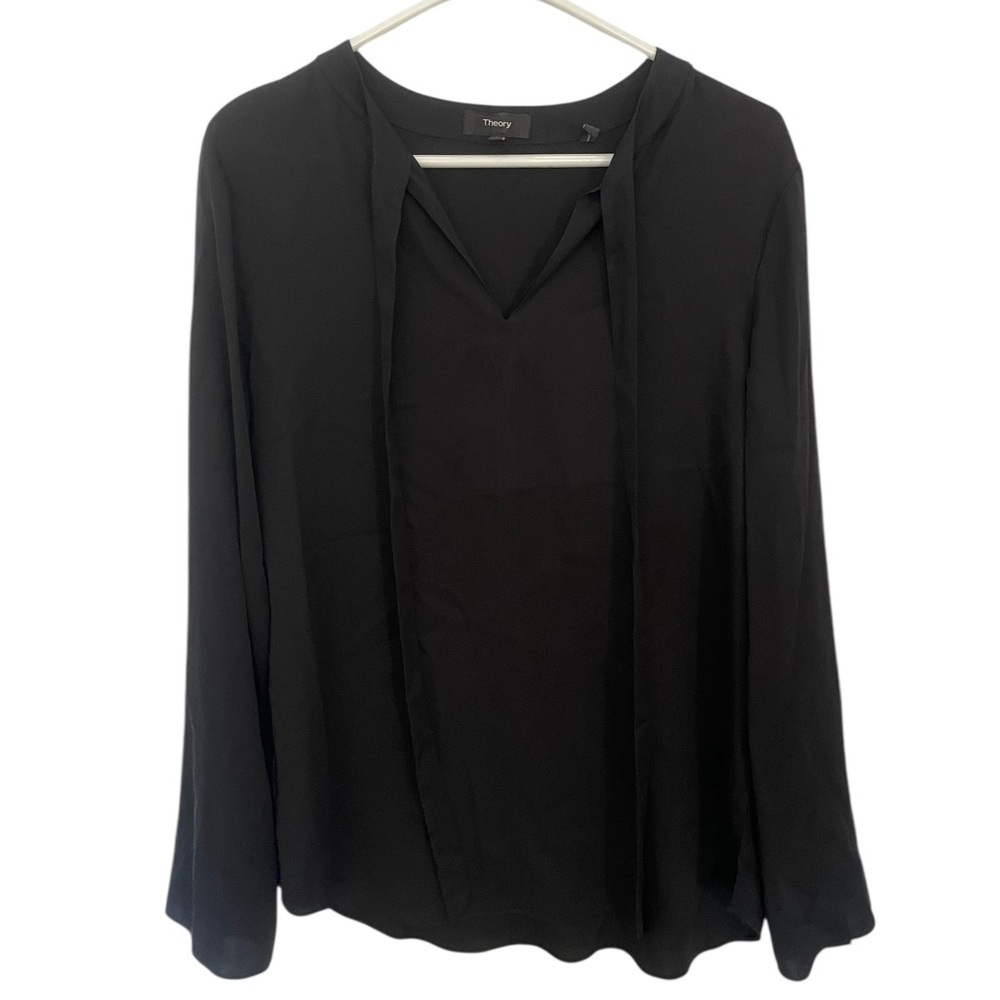 Theory Kimry Sheen Silk Blend Tie Neck Blouse Black Large